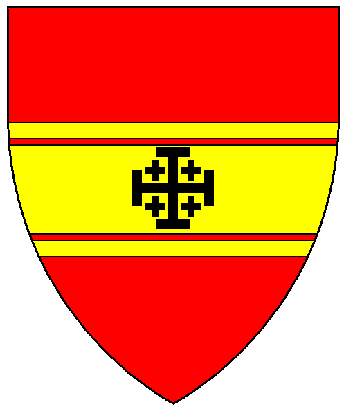 Gules, on a fess cotised Or a cross of Jerusalem sable.